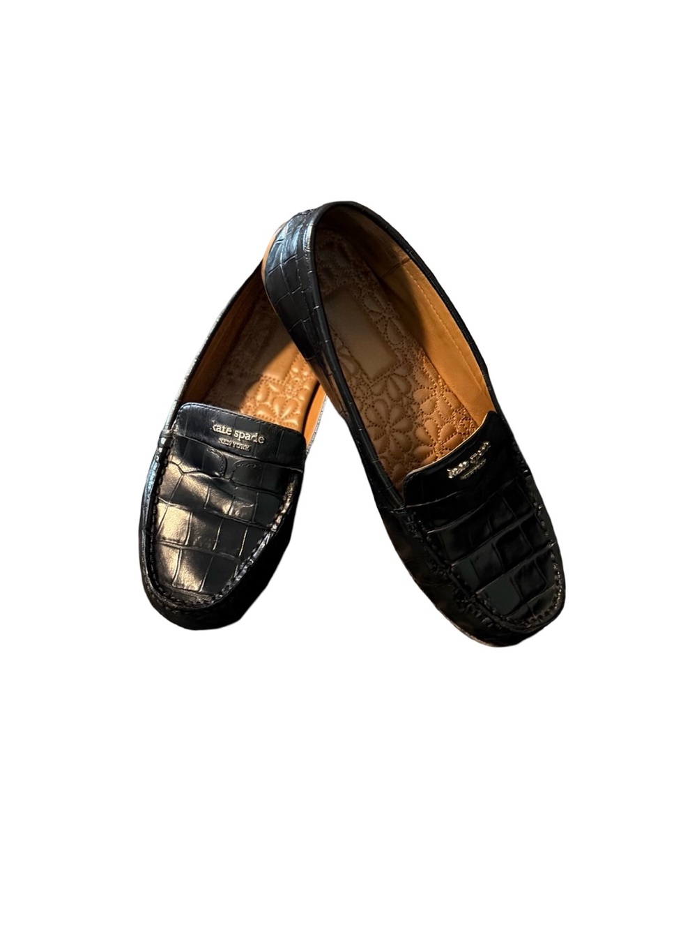 Kate Spade Black Deck Driving Loafer New York Shoe Croc Embossed Leather Size 6B